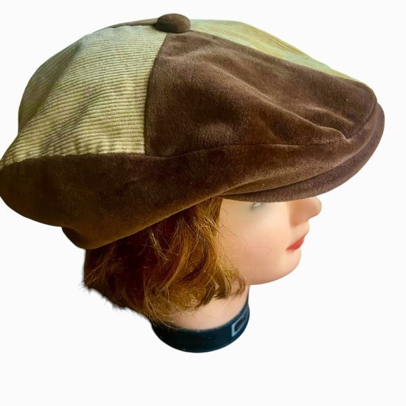 Vintage Corduroy & Velvet Brown Patchwork Hat Newsboy Cabbie Ivy Cap UNISEX - Picture 3 of 8